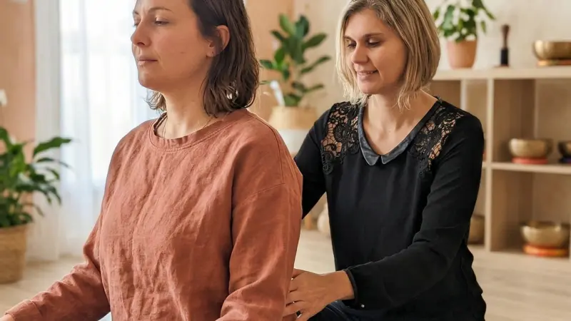 Charlotte guidant une cliente — méthodes douces